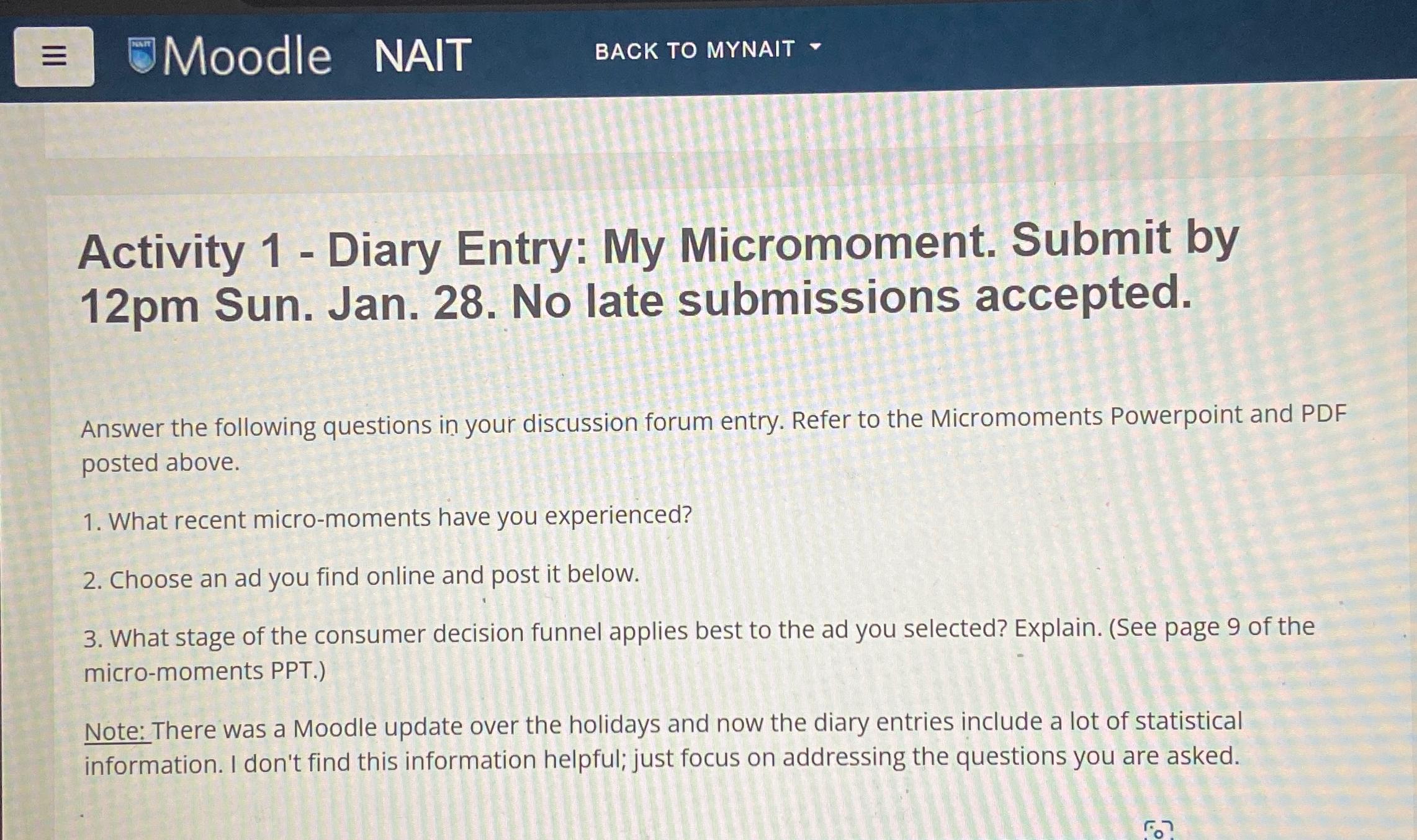 -= Moodle NAIT BACK TO MYNAIT - Activity 1- Diary Entry: