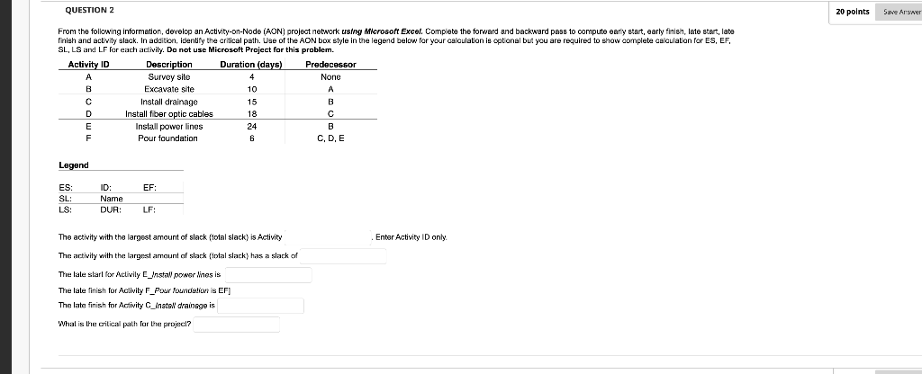  Please use excel and show formulas. From the following information, develop