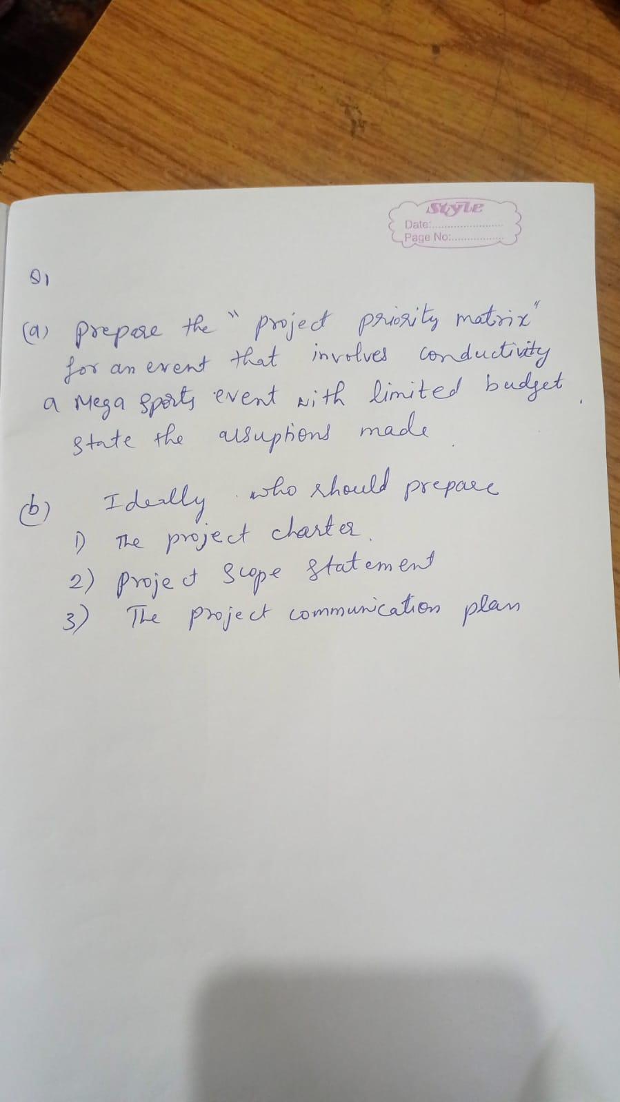  81 (a) Prepare the "project priority matrix" for an event that