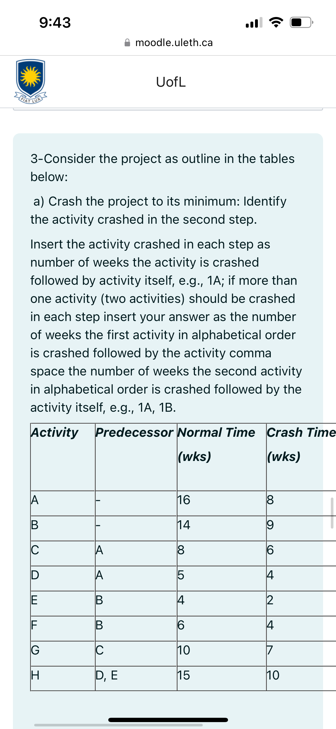  3-Consider the project as outline in the tables below: a) Crash