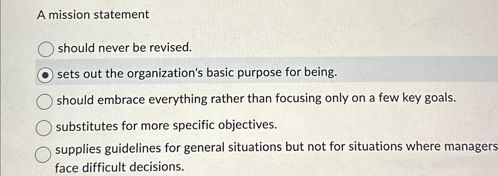  A mission statement should never be revised. sets out the organization's