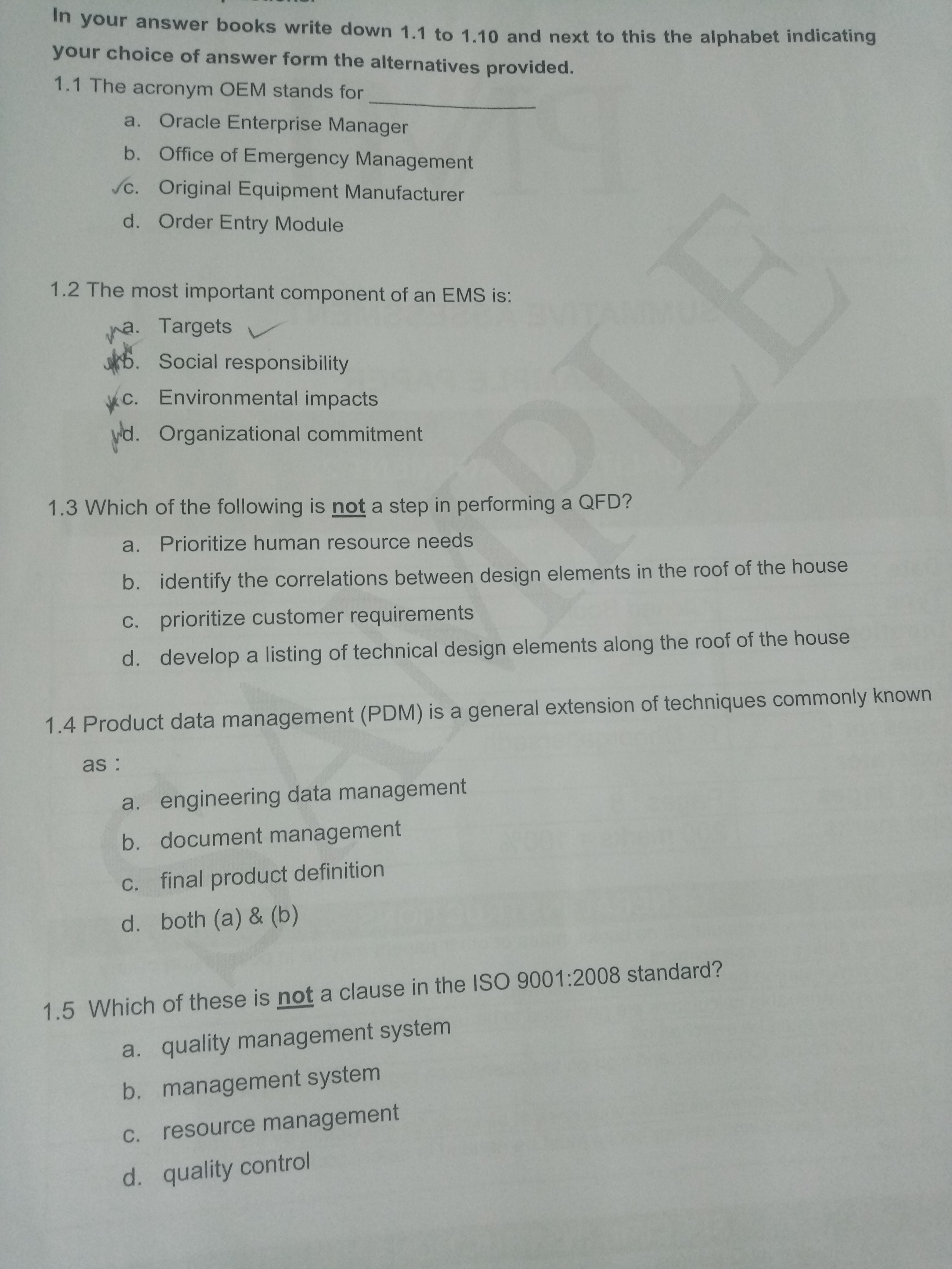  In your answer books write down 1.1 to 1.10 and next