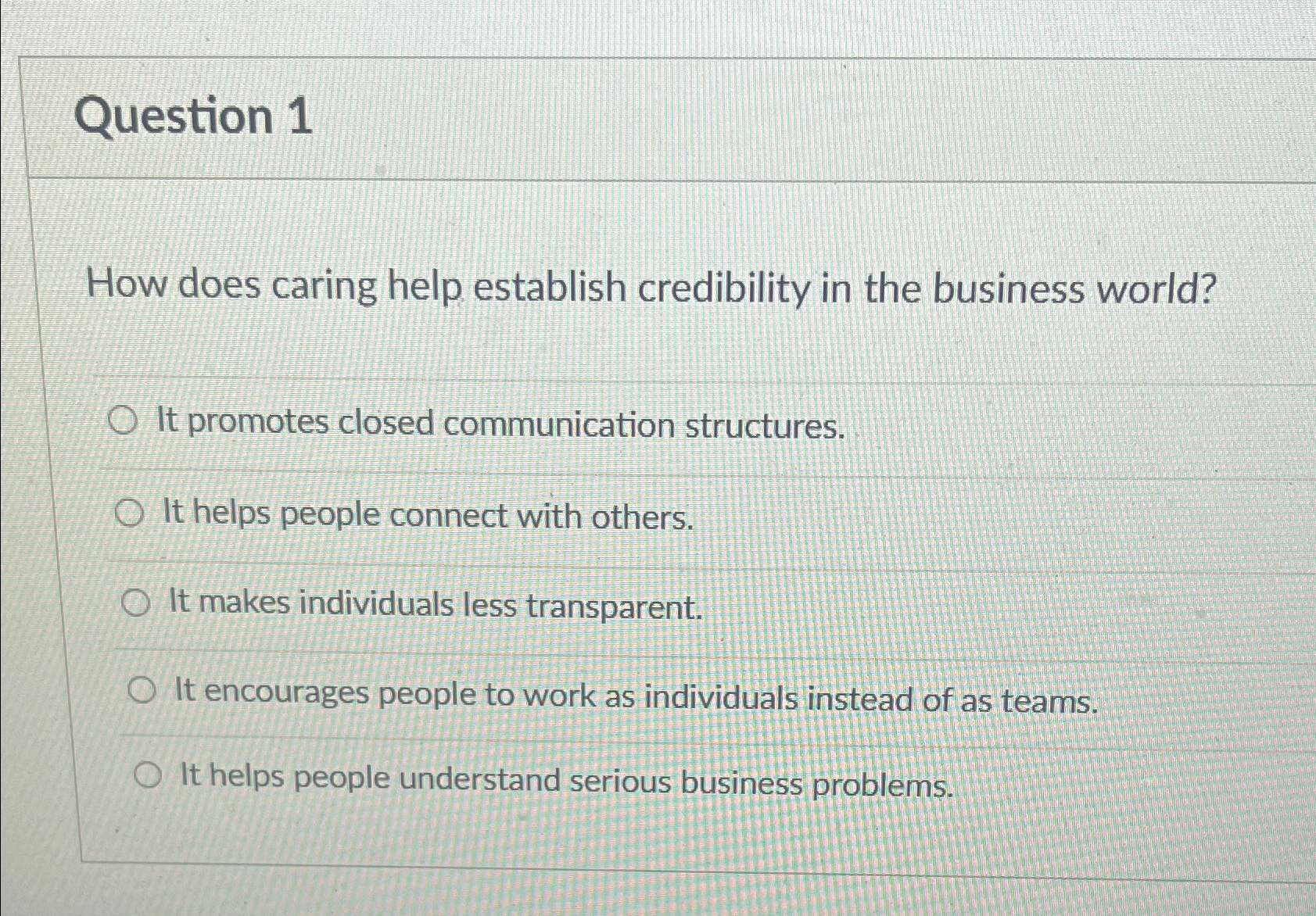  Question 1 How does caring help establish credibility in the business