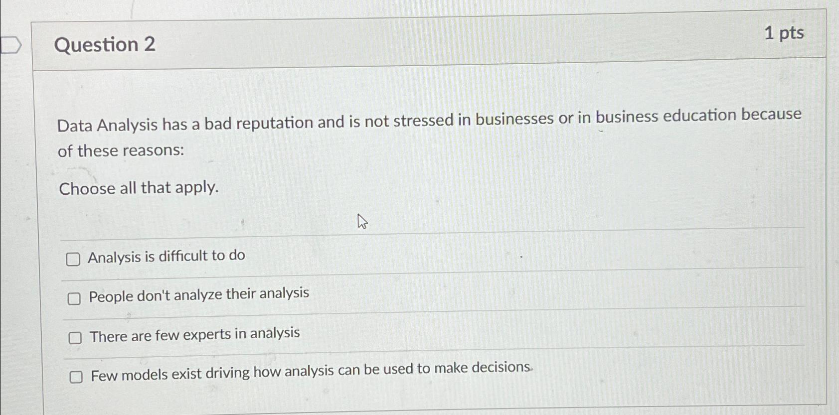  Question 2 1 pts Data Analysis has a bad reputation and