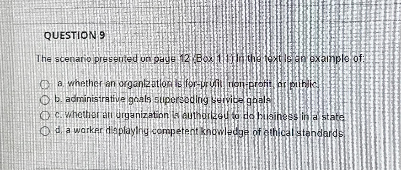  QUESTION 9 The scenario presented on page 12(Box 1.1) in the
