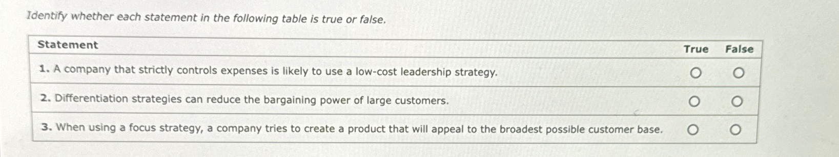  Identify whether each statement in the following table is true or
