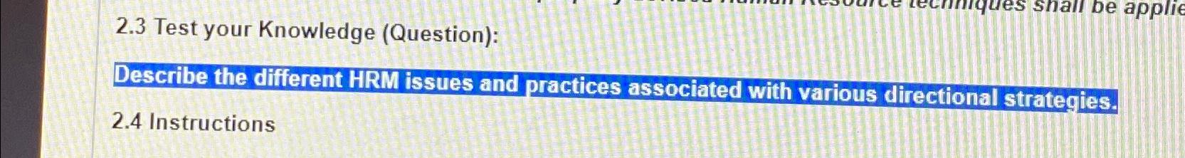  2.3 Test your Knowledge (Question): Describe the different HRM issues and