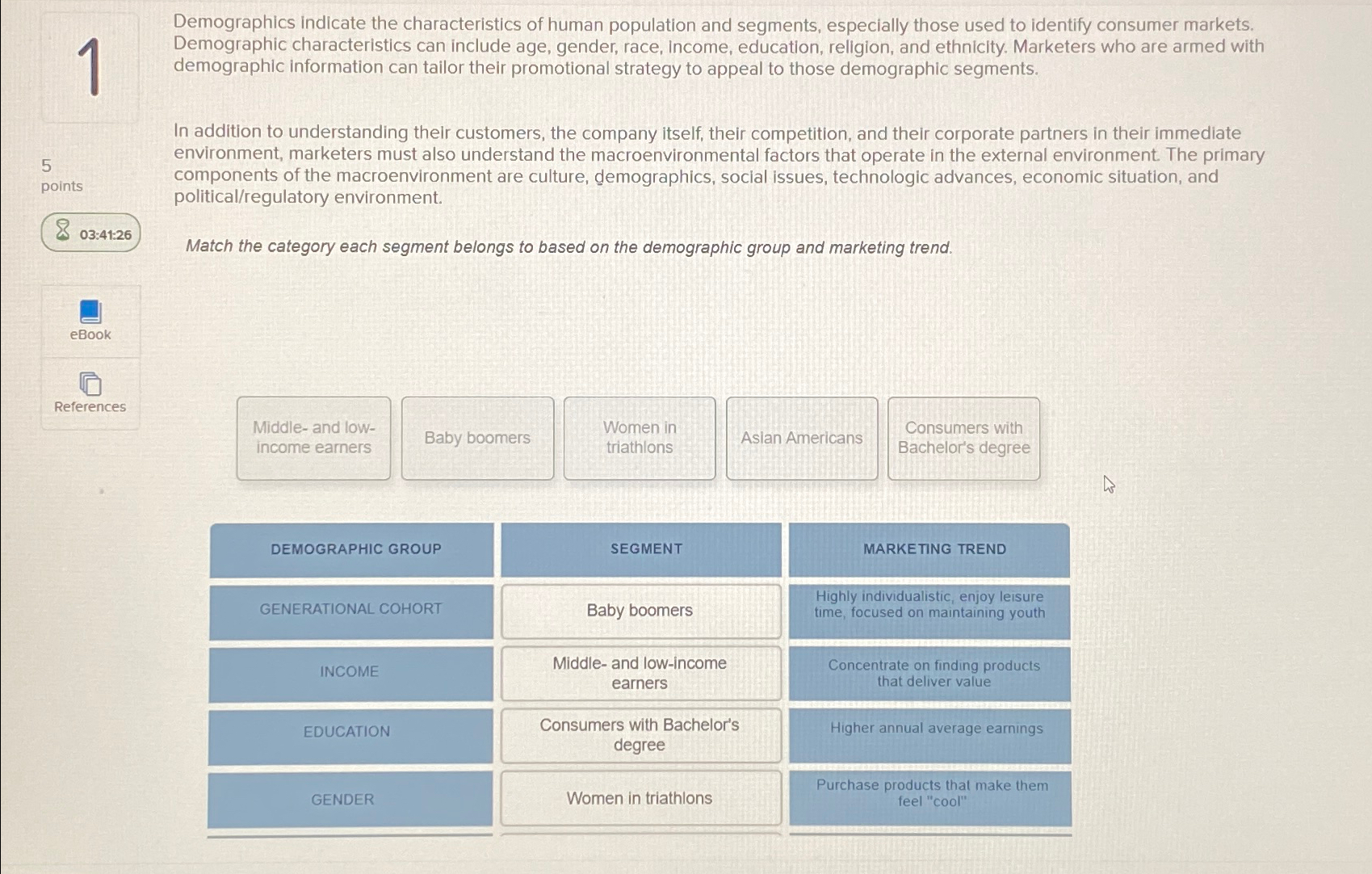  1 5 points 03:41:26 Demographics indicate the characteristics of human population