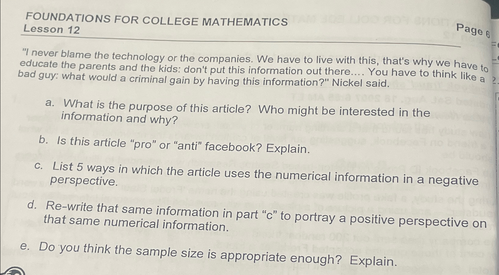  FOUNDATIONS FOR COLLEGE MATHEMATICS Lesson 12 Page ?6 "I never blame