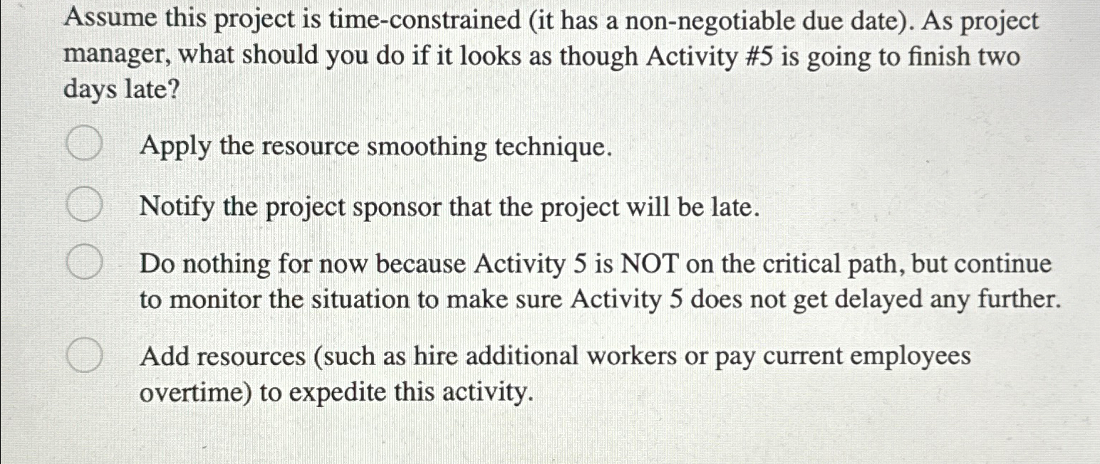  Assume this project is time-constrained (it has a non-negotiable due date).