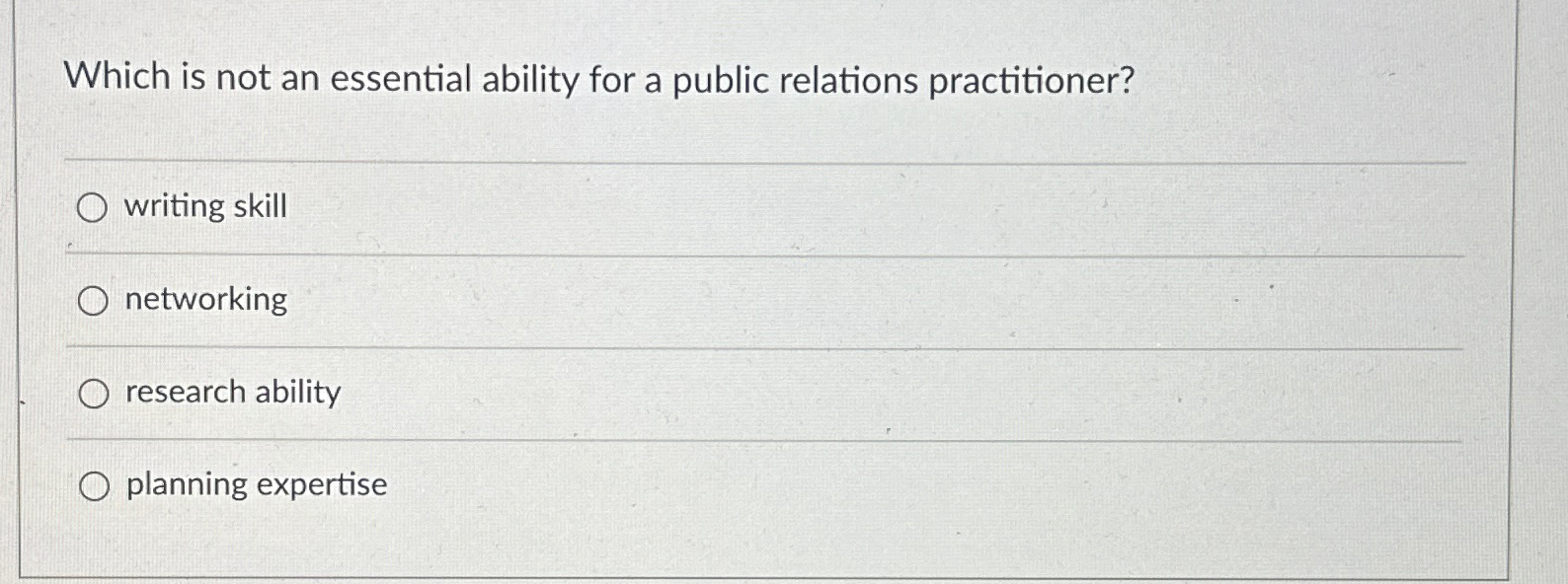  Which is not an essential ability for a public relations practitioner?