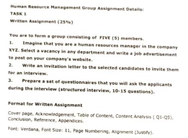  Human Resource Management Group Assignment Details: TASK 1 Written Assignment (25%)