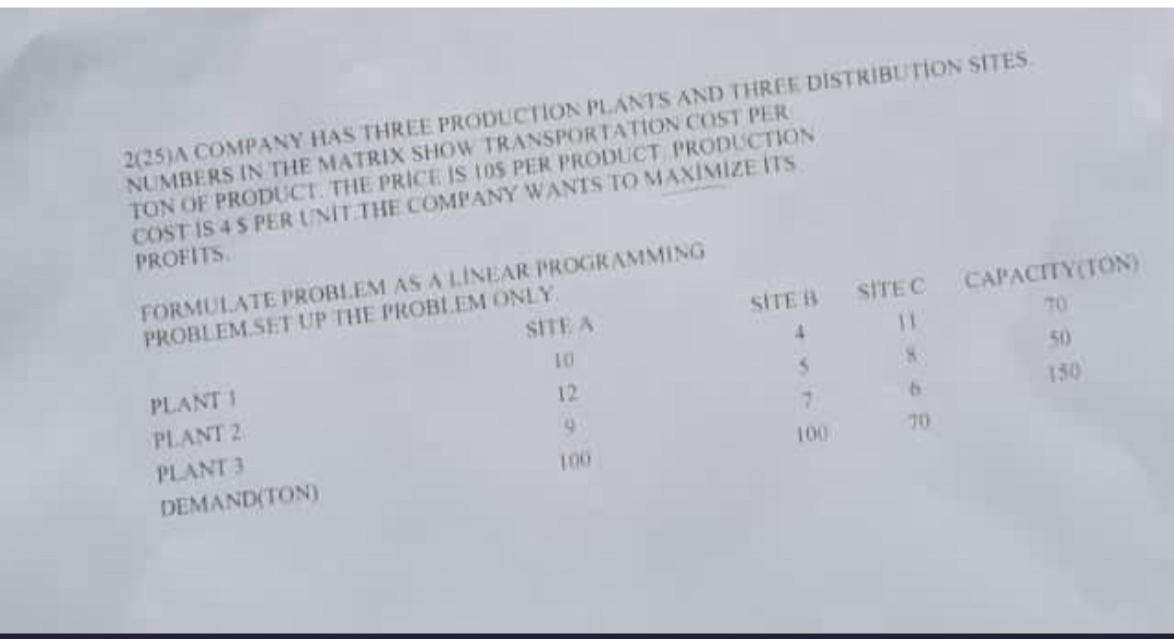  2(25) A COMPANY HAS THREE PRODLCTION PLANTS AND THREE DISTRIBUTION STTES