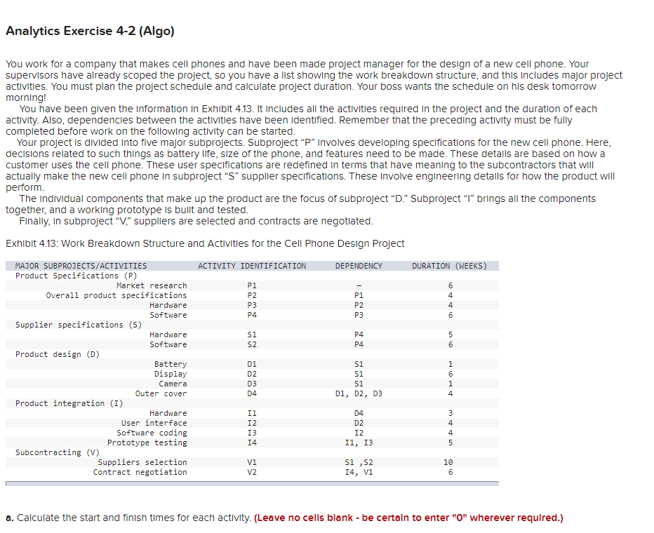  Analytics Exercise 4-2(Algo) You work for a company that makes cell