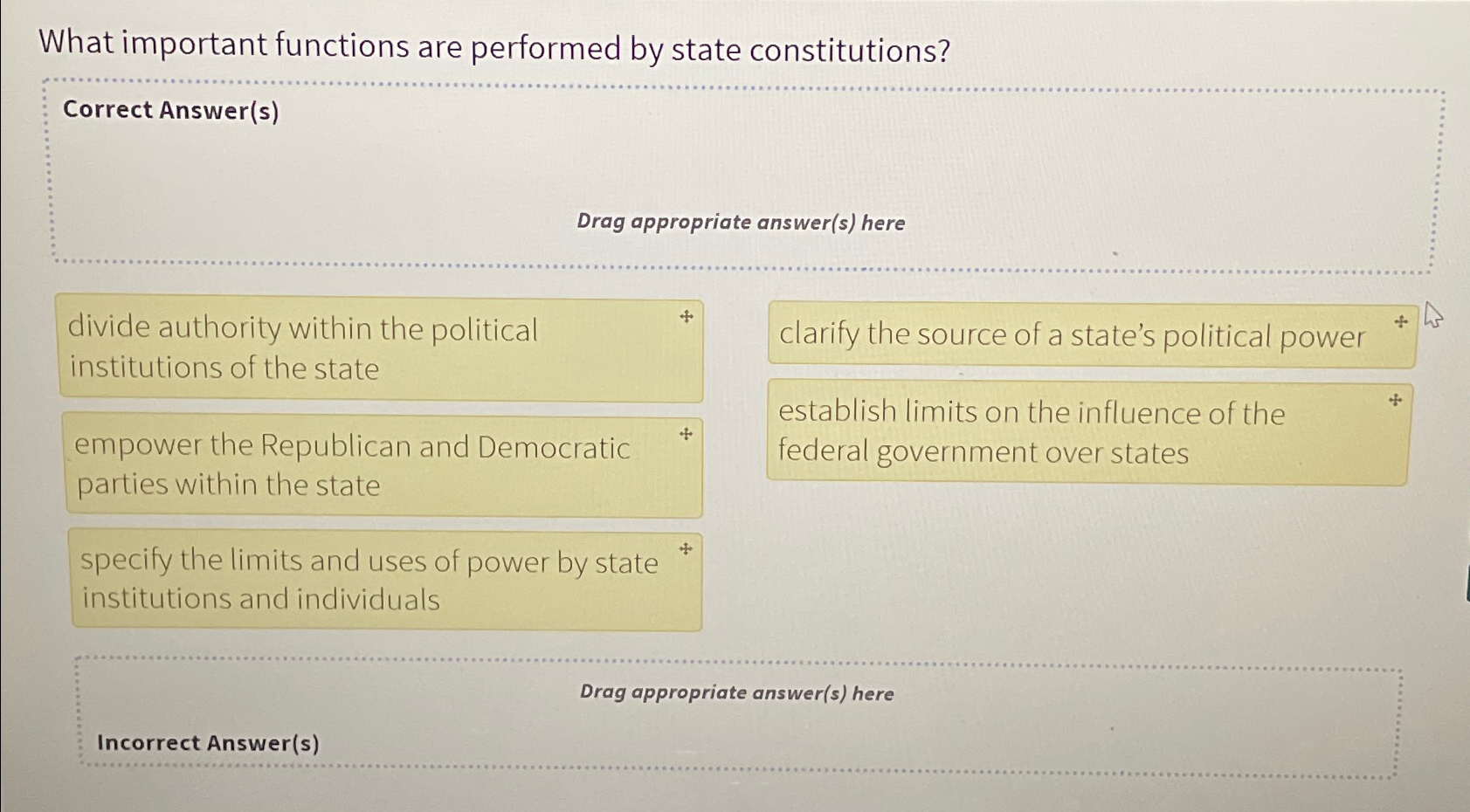  What important functions are performed by state constitutions? Correct Answer(s) Drag