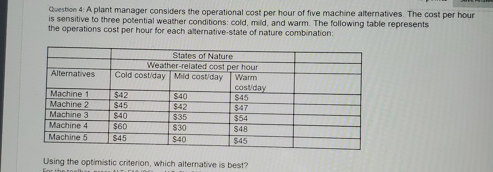  Question 4: A plant manager considers the operational cost per hour