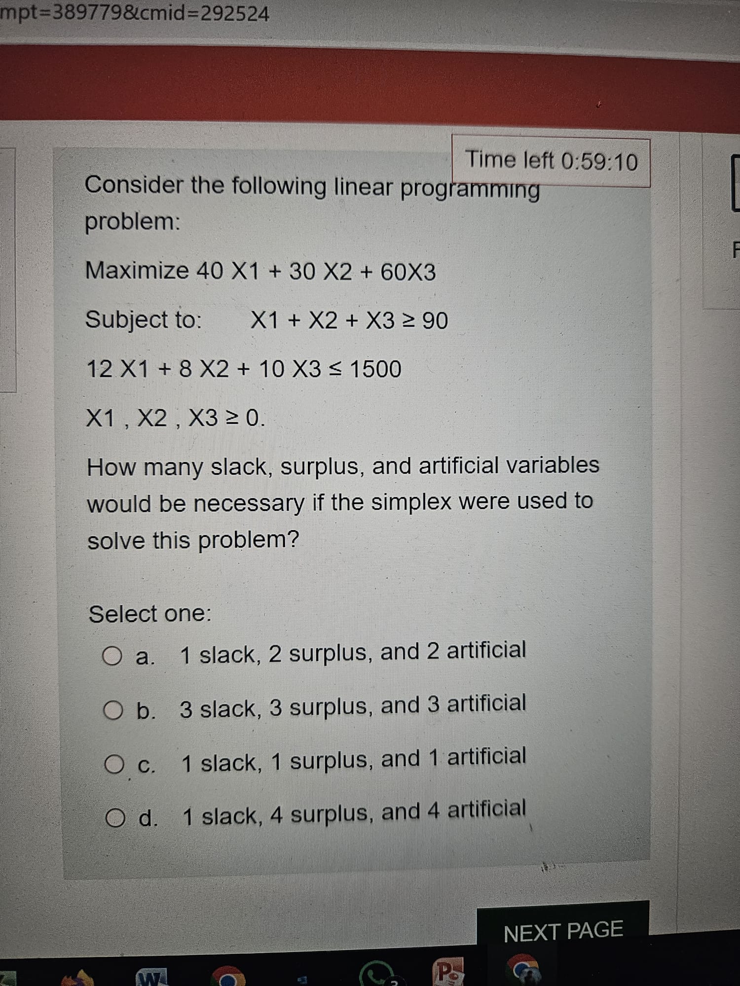  Time left 0:59:10 Consider the following linear programming problem: Maximize 401+302+603