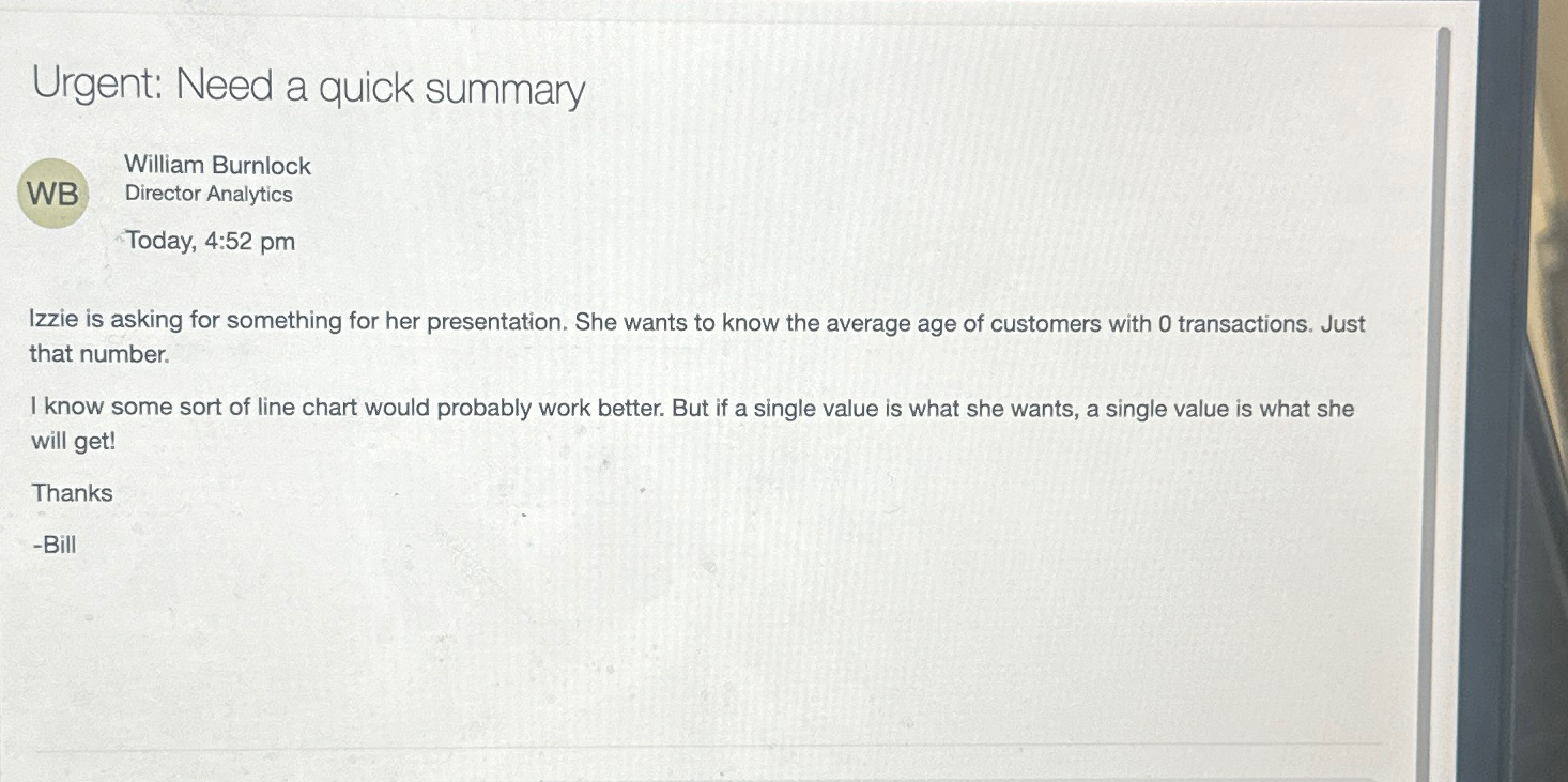 Urgent: Need a quick summary William Burnlock WB Director Analytics Today,