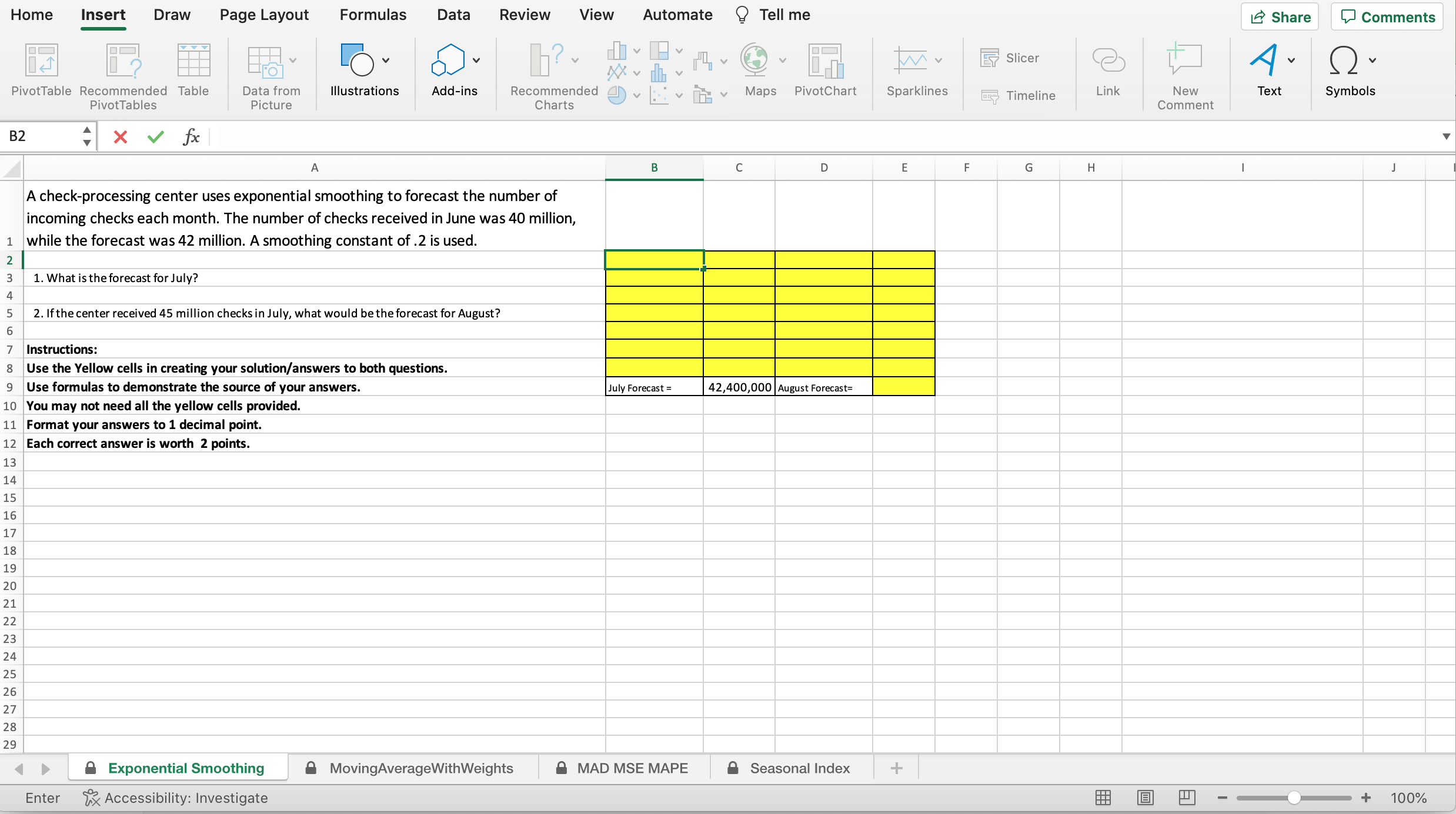  A check-processing center uses exponential smoothing to forecast the number of
