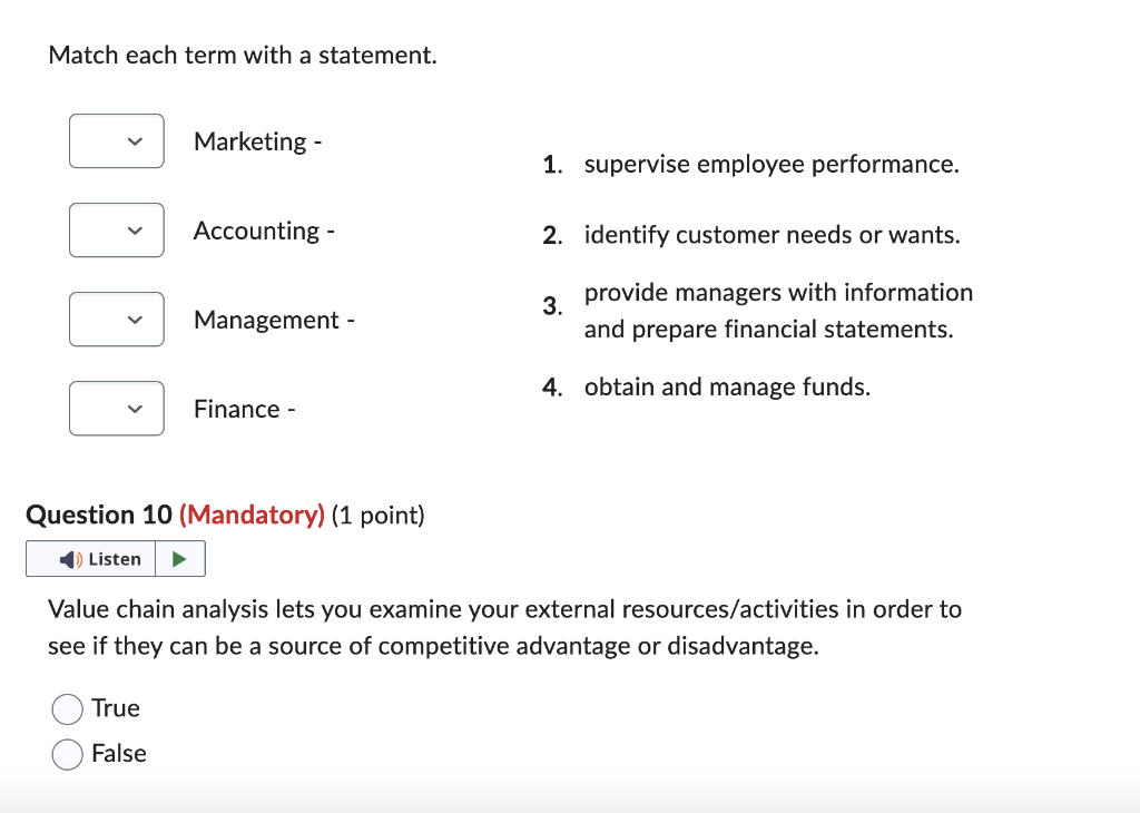  Match each term with a statement. Marketing - 1. supervise employee