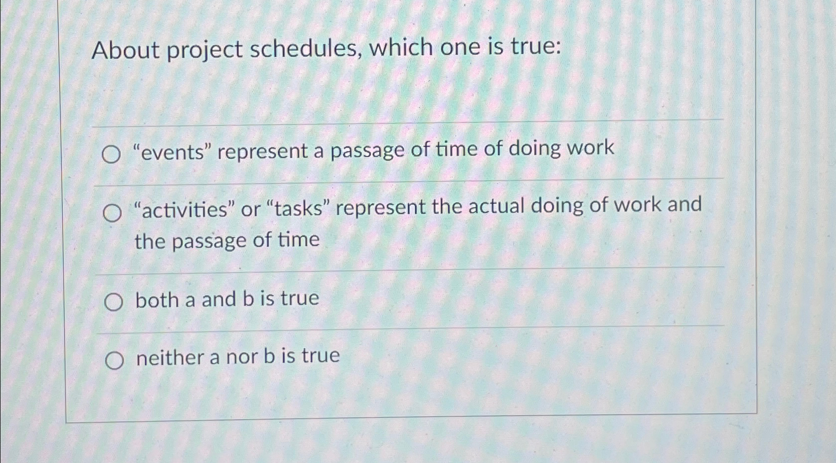 About project schedules, which one is true: "events" represent a passage
