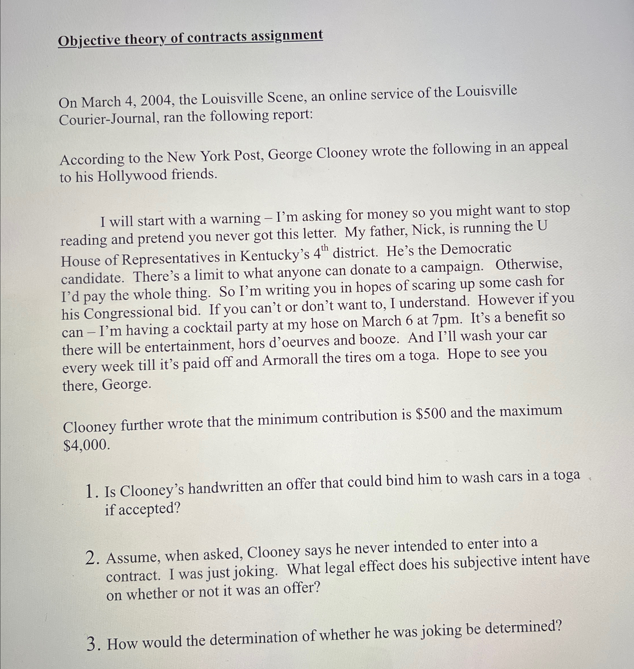  Objective theory of contracts assignment On March 4,2004, the Louisville Scene,
