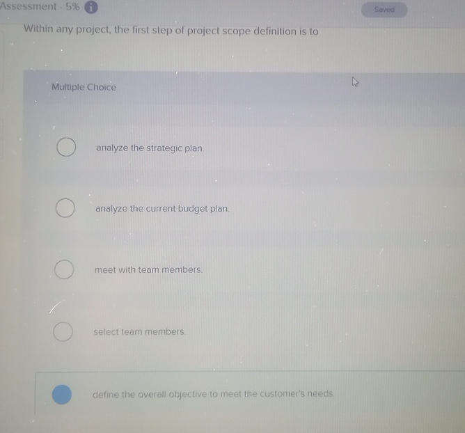  Assessment-5% i Within any project, the first step of project scope