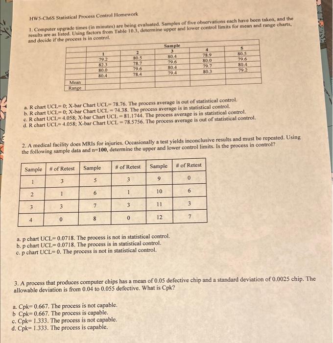  HW5-Ch6S Statistical Process Control Homework 1. Computer upgrade times (in minutes)