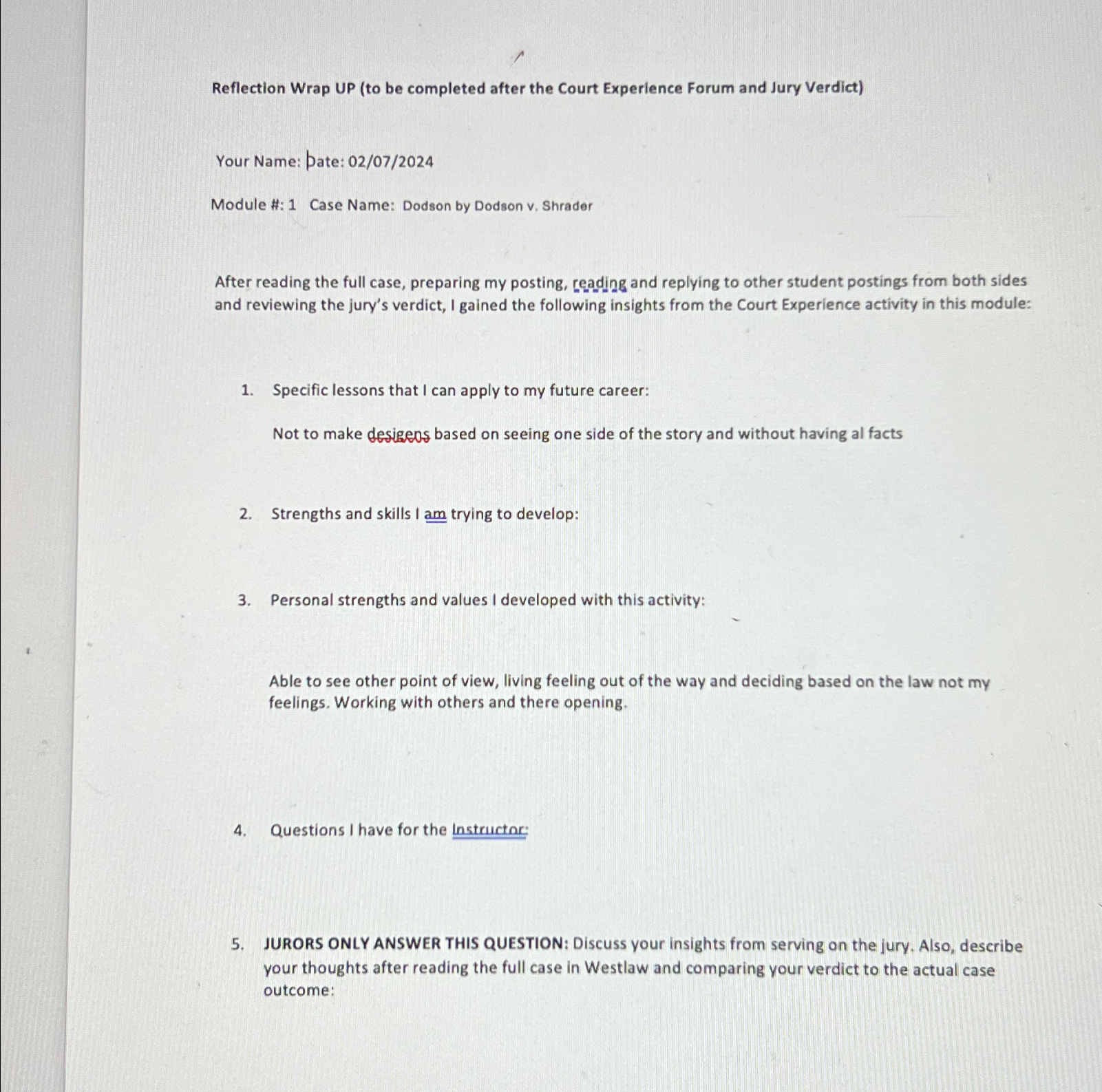  Reflection Wrap UP (to be completed after the Court Experience Forum