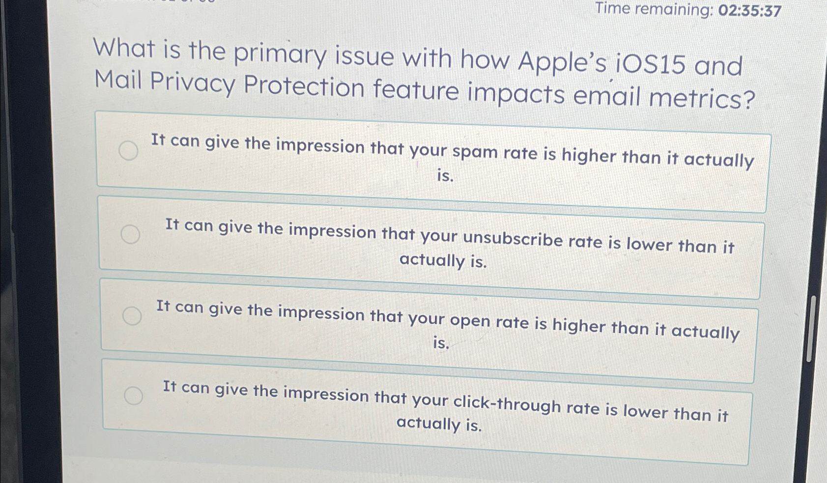  Time remaining: 02:35:37 What is the primary issue with how Apple's