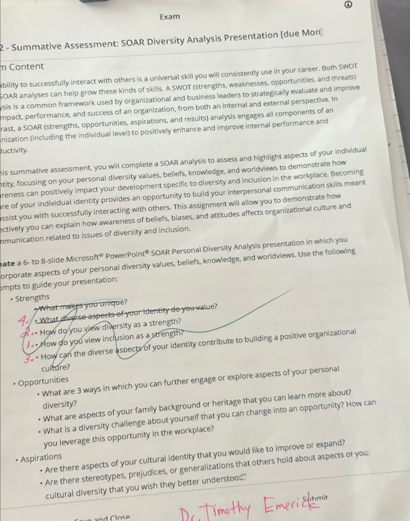  Exam 2- Summative Assessment: SOAR Diversity Analysis Presentation [due Mon? m