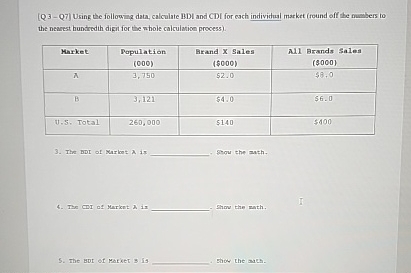  [Q3-Q7] Using be following data, calculate BDI and CDI for each