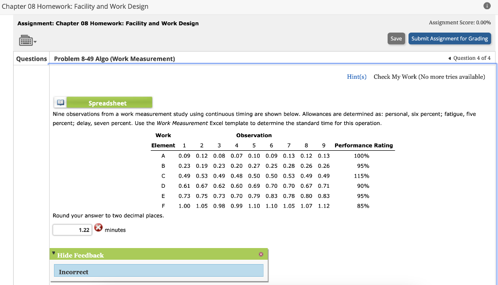 Chapter 08 Homework: Facility and Work Design Assignment: Chapter 08 Homework: