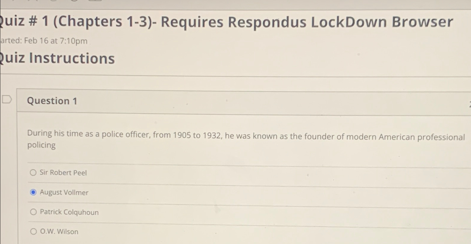  uiz # 1(Chapters 1-3)- Requires Respondus LockDown Browser arted: Feb 16