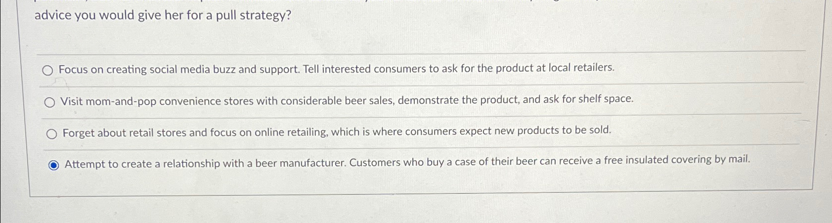  advice you would give her for a pull strategy? Focus on