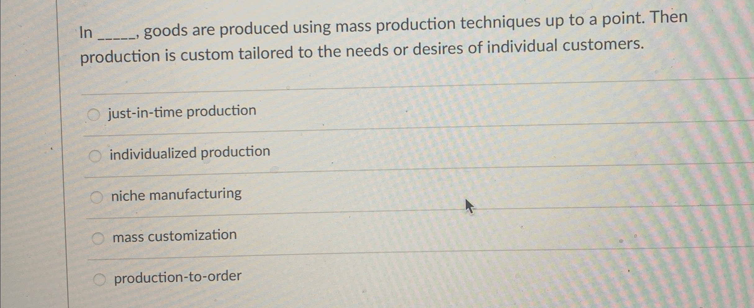  In q, goods are produced using mass production techniques up to