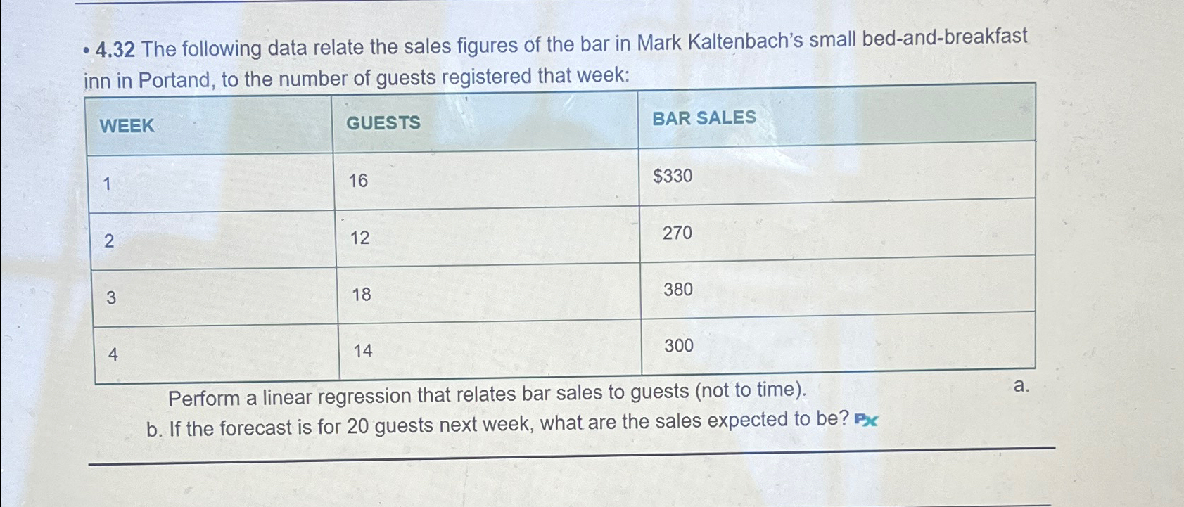  -4.32 The following data relate the sales figures of the bar
