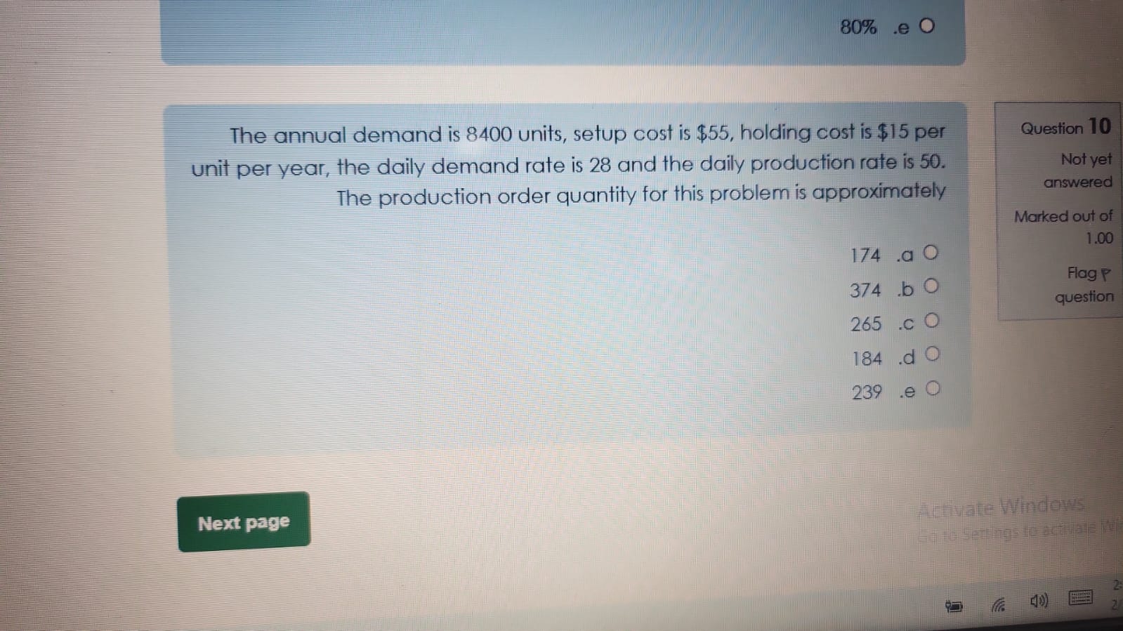  The annual demand is 8400 units, setup cost is $55, holding