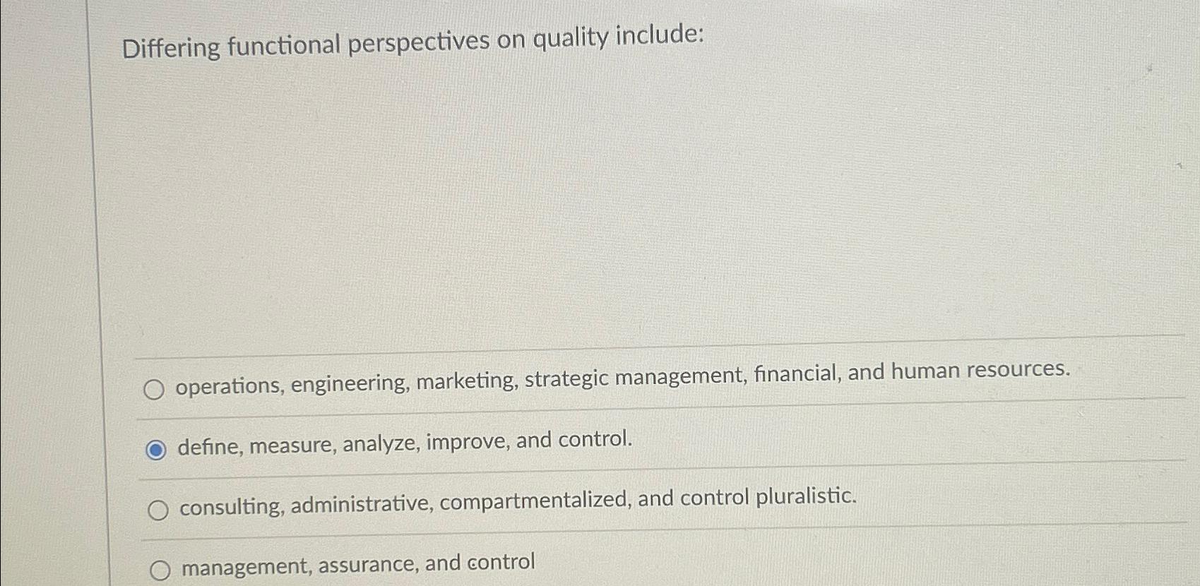  Differing functional perspectives on quality include: operations, engineering, marketing, strategic management,