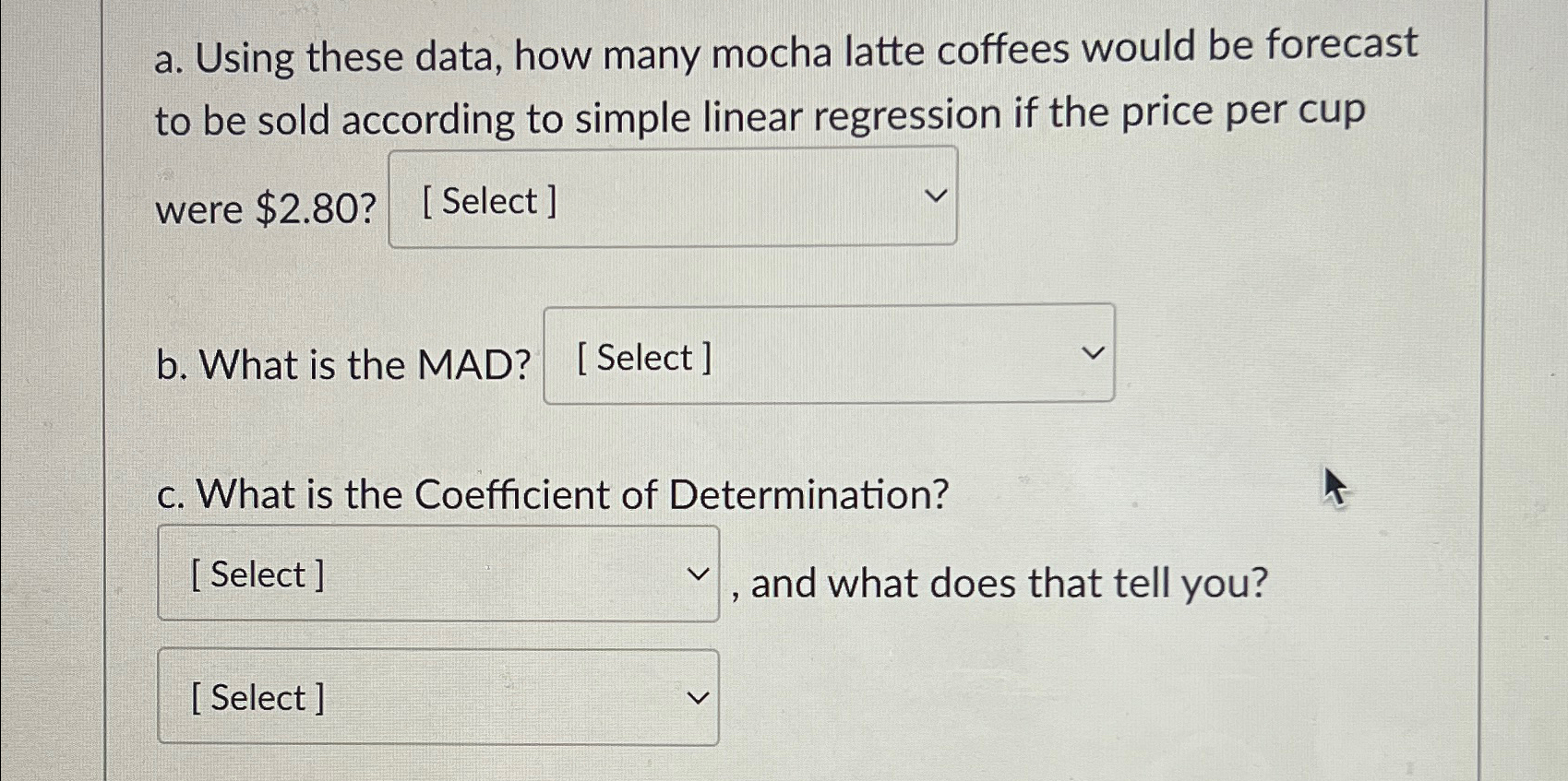  a. Using these data, how many mocha latte coffees would be