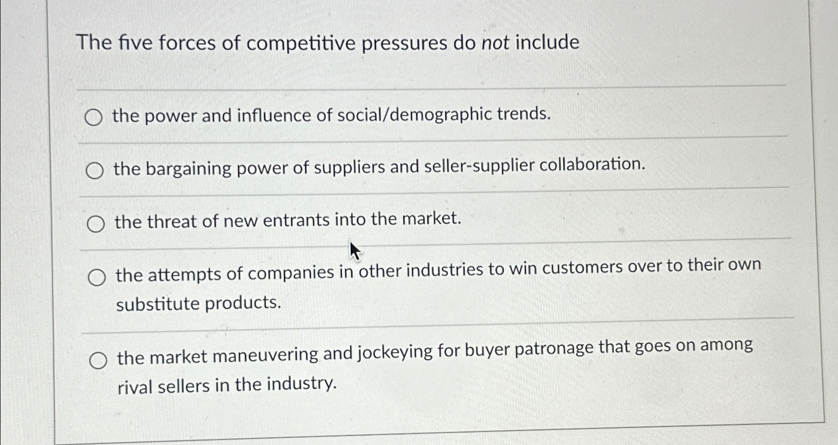  The five forces of competitive pressures do not include the power