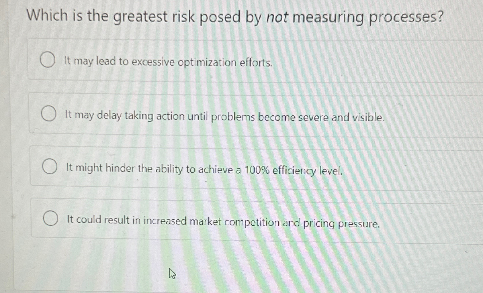  Which is the greatest risk posed by not measuring processes? It