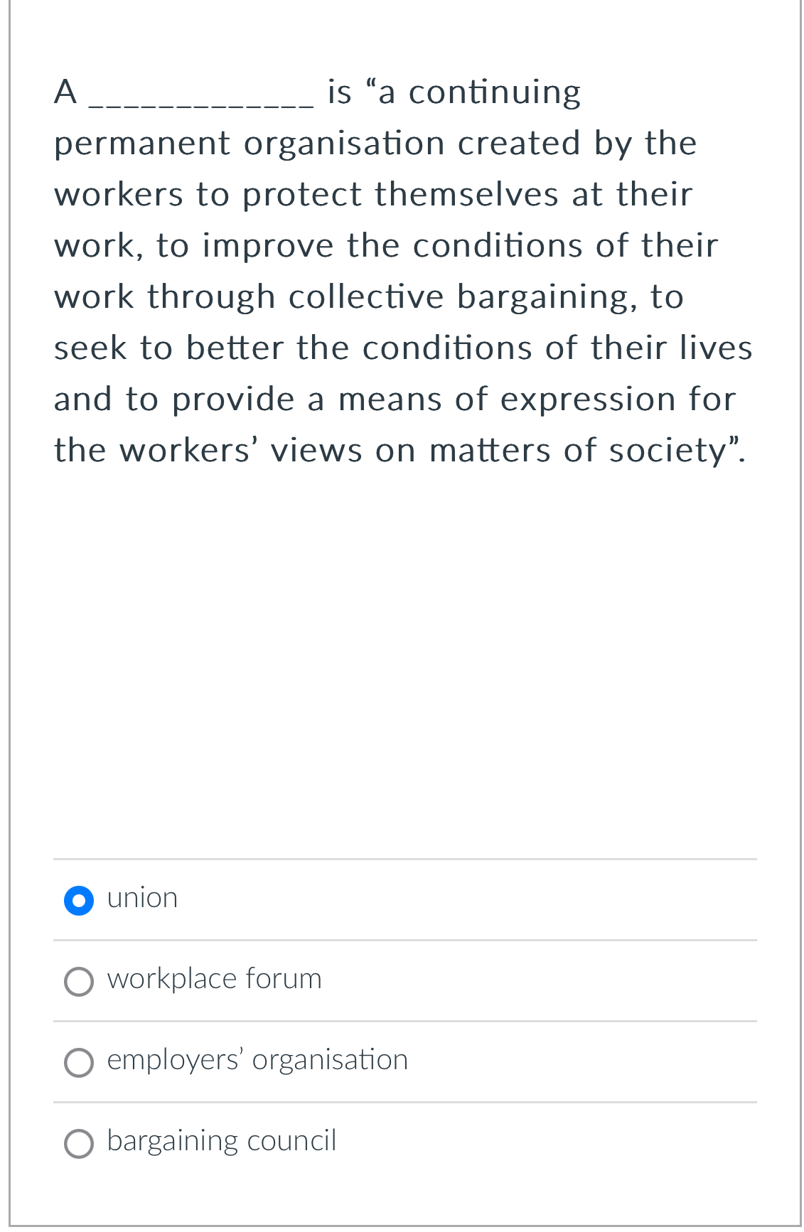  A is "a continuing permanent organisation created by the workers to
