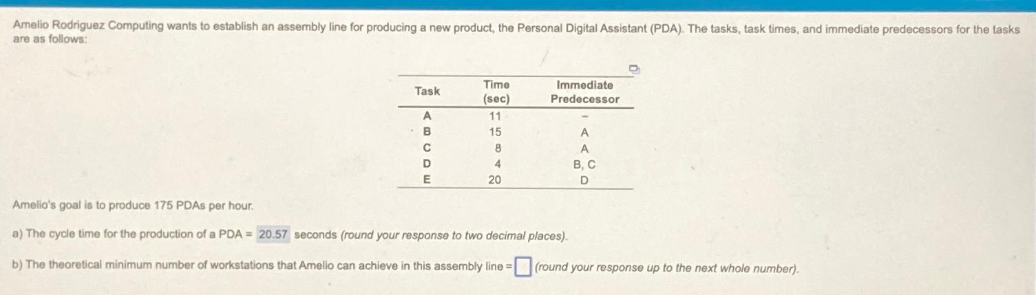  Amelio Rodriguez Computing wants to establish an assembly line for producing
