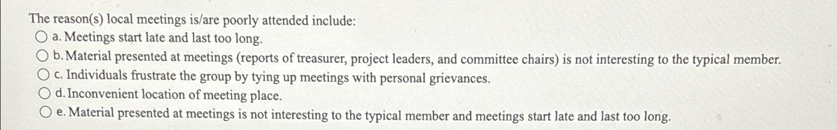  The reason(s) local meetings is/are poorly attended include: a. Meetings start