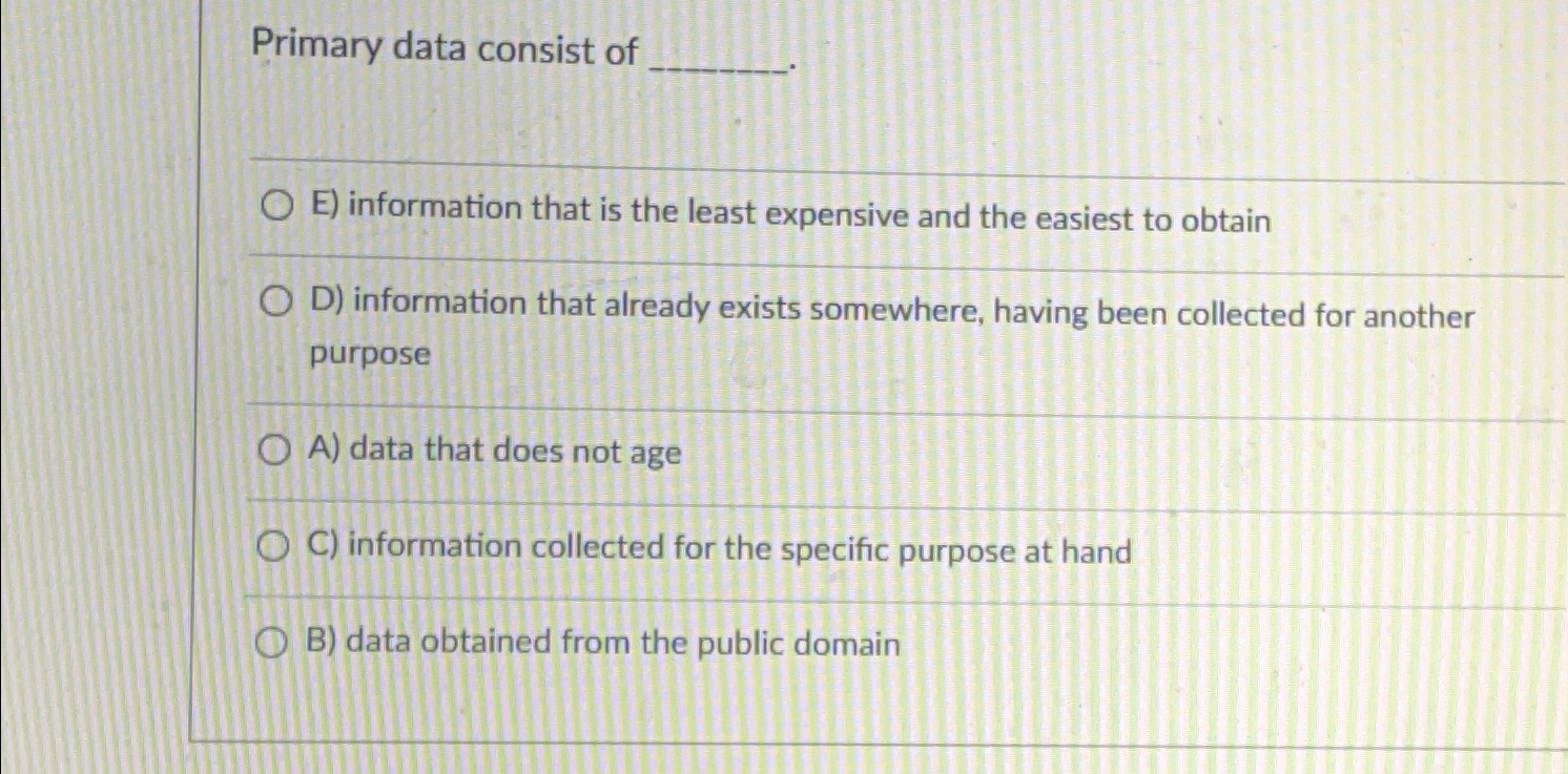  Primary data consist of E) information that is the least expensive