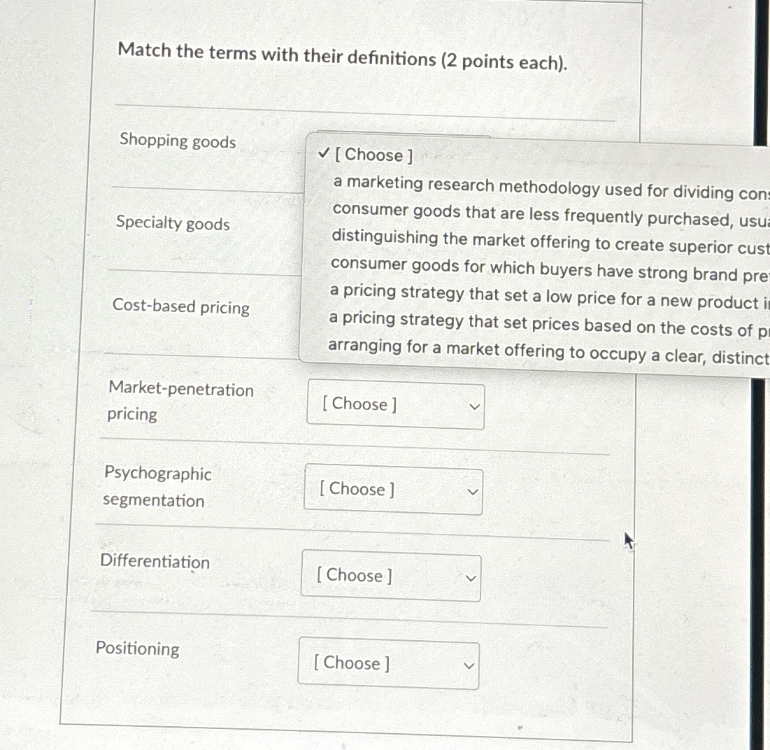  Match the terms with their definitions (2 points each). Shopping goods
