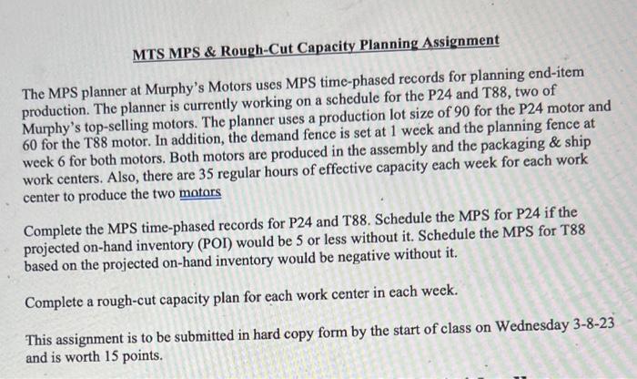  MTS MPS \& Rough-Cut Capacity Planning Assignment The MPS planner at