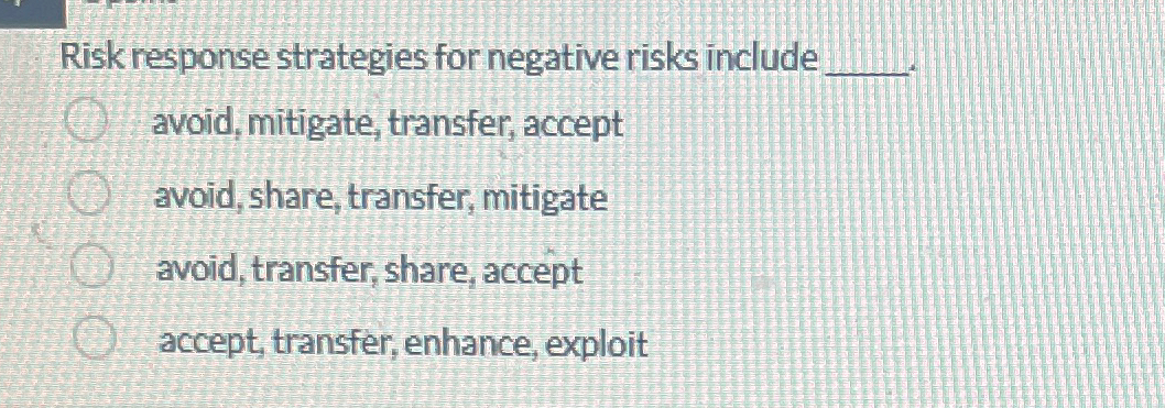  Risk response strategies for negative risks include avoid, mitigate, transfer, accept