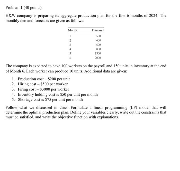  Problem 1 (40 points) H\&W company is preparing its aggregate production